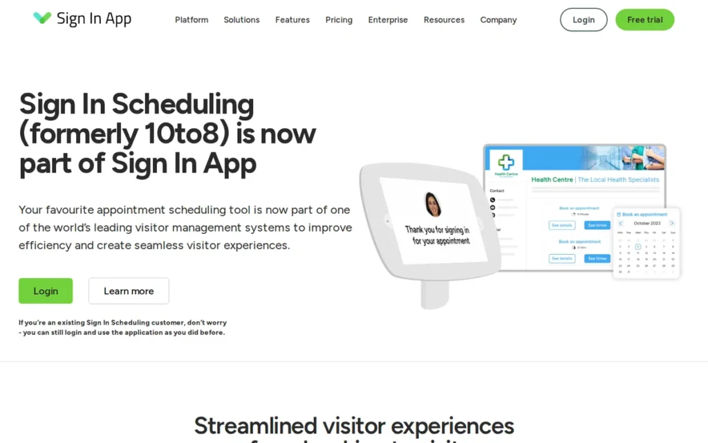 10to8 (Sign In Scheduling) homepage screenshot