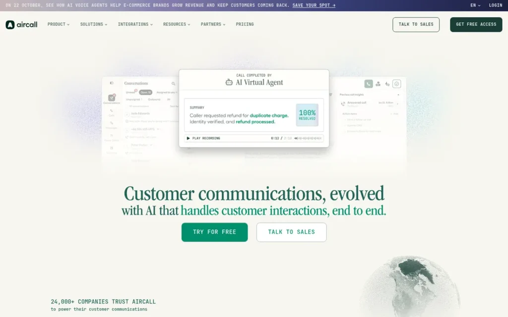 Aircall homepage screenshot