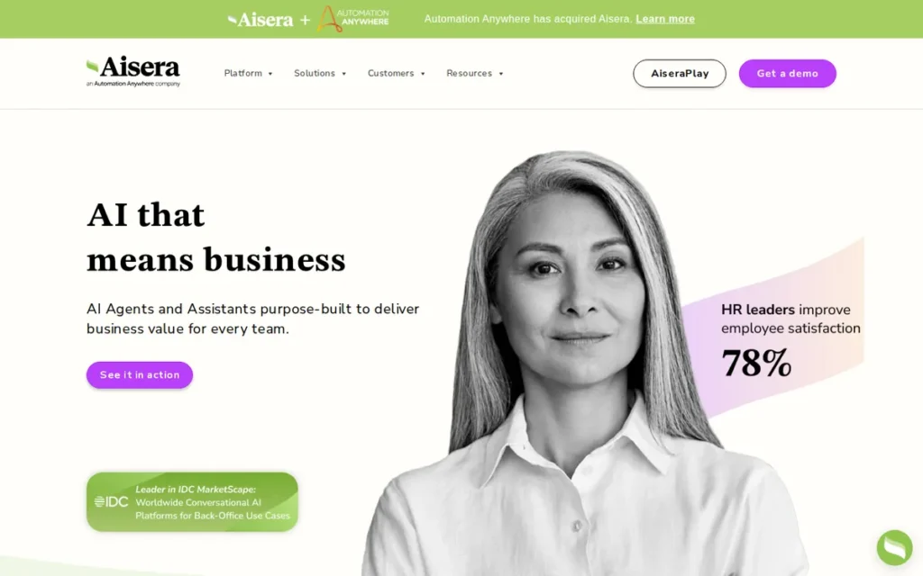 Aisera homepage screenshot
