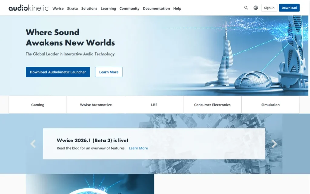 Audiokinetic Wwise homepage screenshot