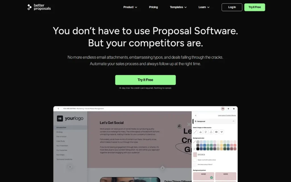 Better Proposals homepage screenshot