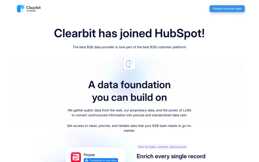 Clearbit (HubSpot Breeze Intelligence) homepage screenshot