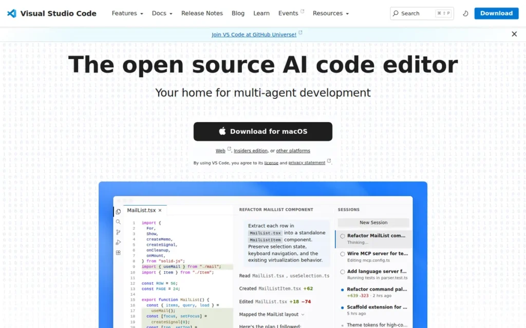 Visual Studio Code homepage screenshot