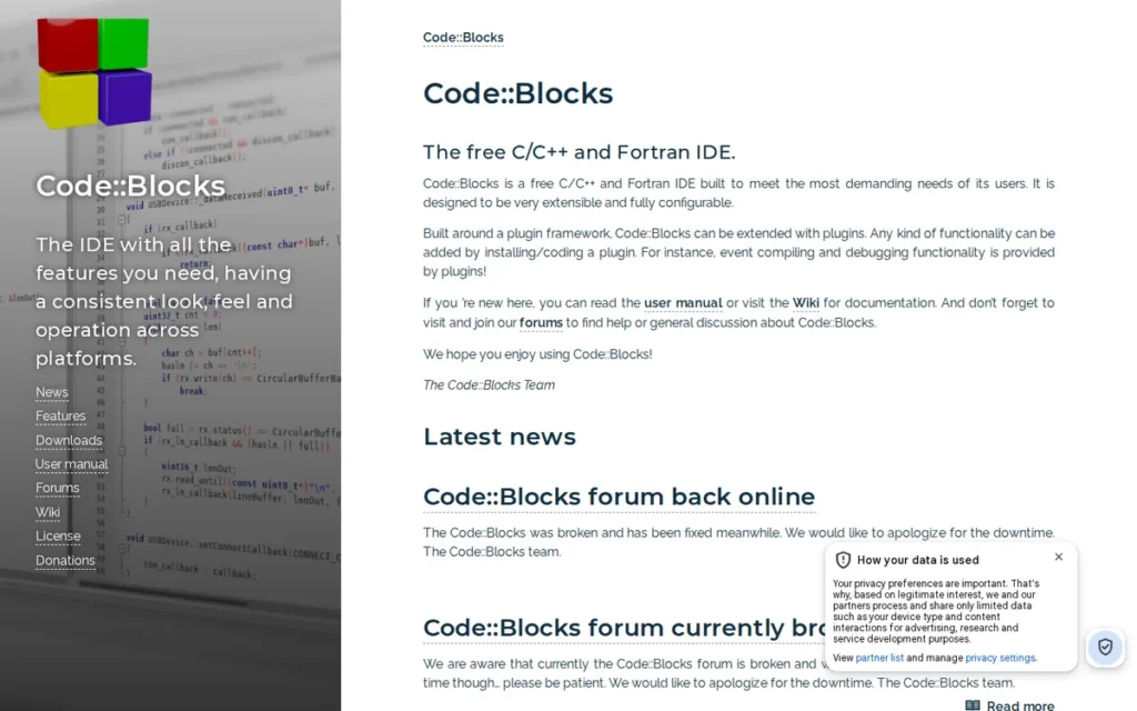 Code::Blocks homepage screenshot