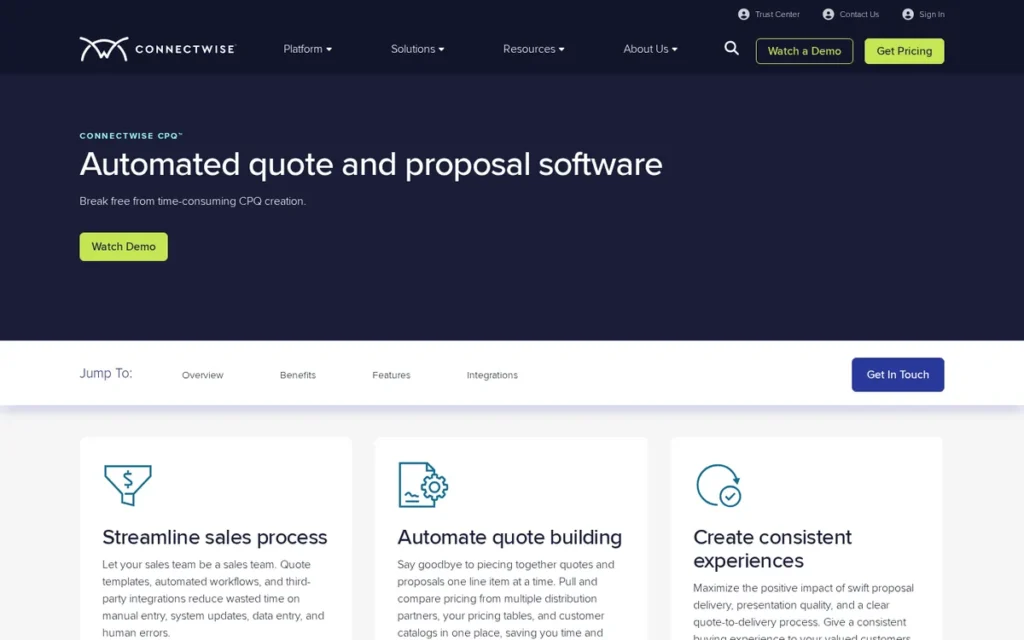 ConnectWise CPQ homepage screenshot