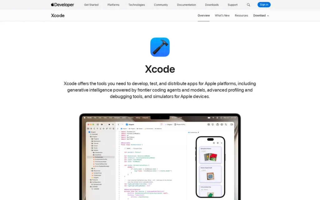 Apple Xcode homepage screenshot