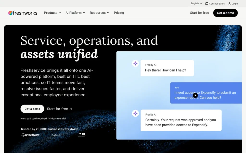 Freshservice (Freddy AI) homepage screenshot