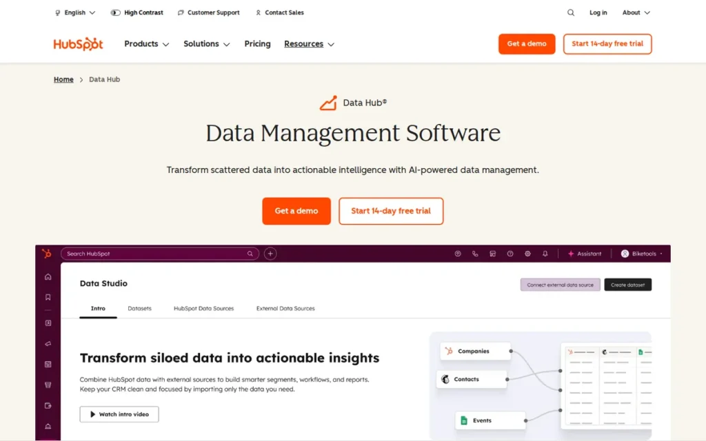 HubSpot Data Hub homepage screenshot