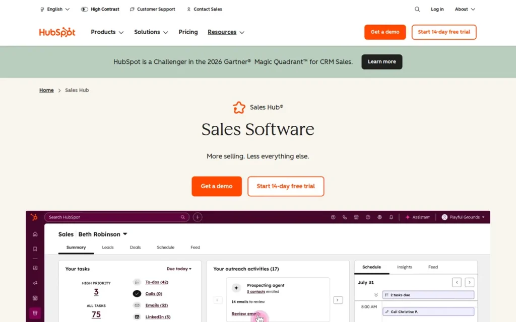 HubSpot Sales Hub homepage screenshot