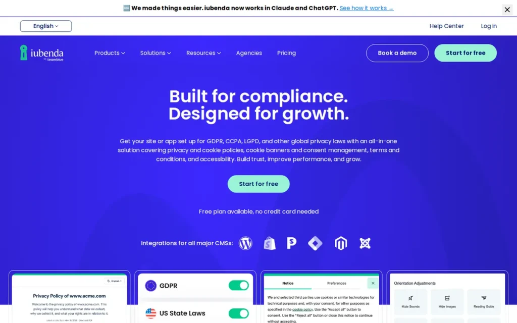 iubenda homepage screenshot