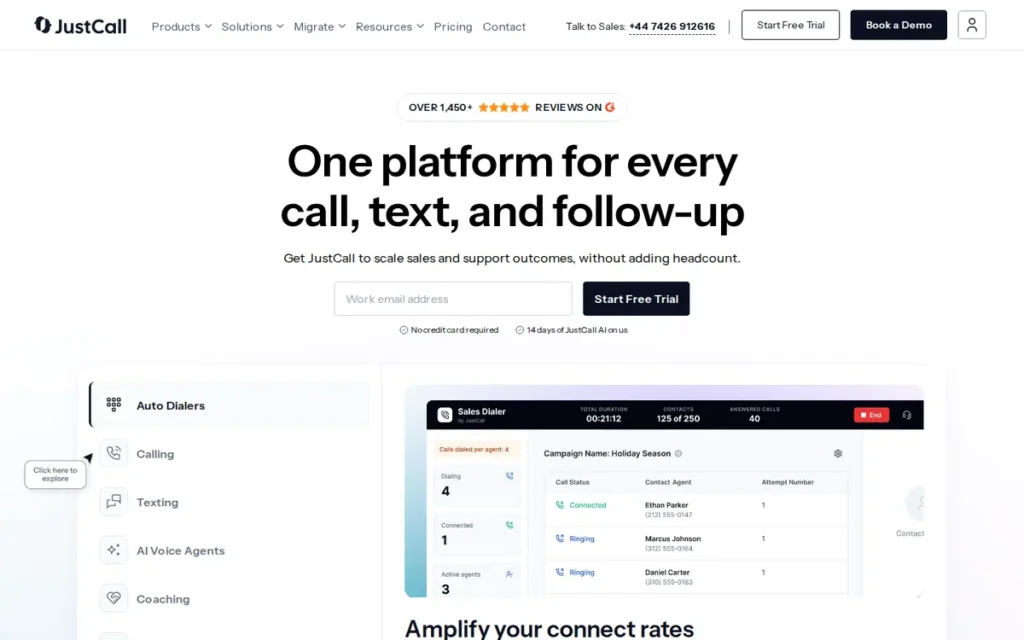 JustCall homepage screenshot