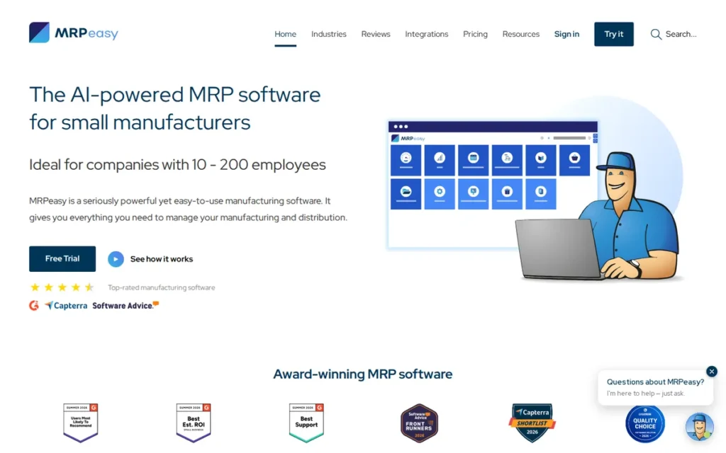 MRPeasy homepage screenshot