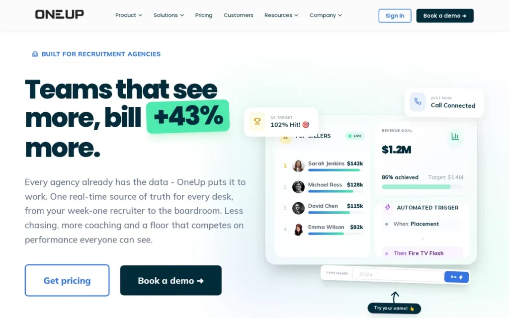 OneUp Sales homepage screenshot