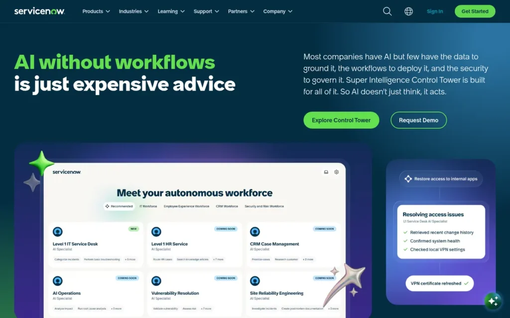 ServiceNow (Now Assist) homepage screenshot