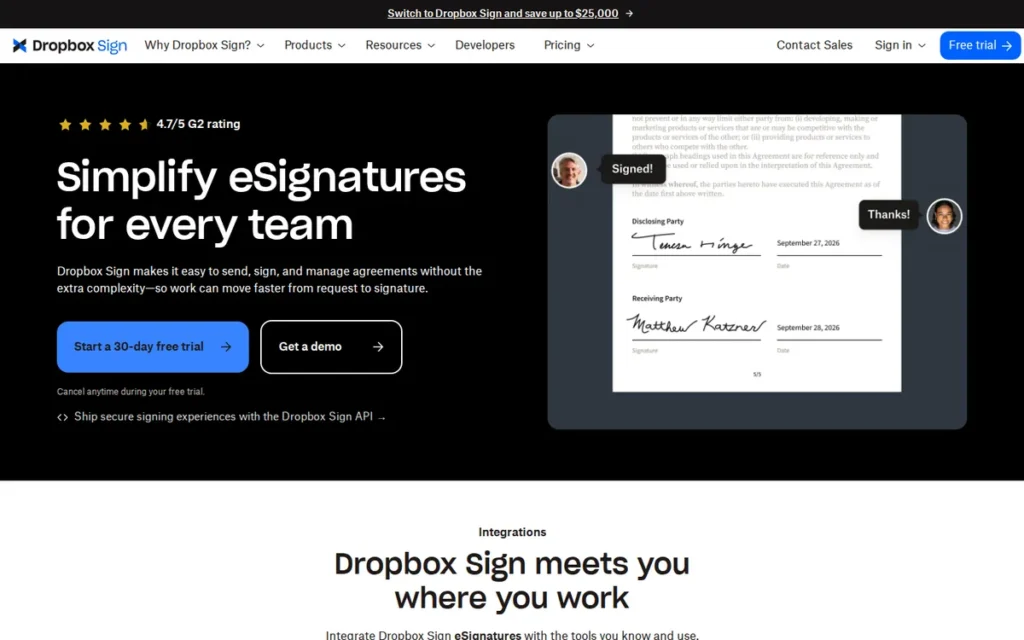 Dropbox Sign homepage screenshot