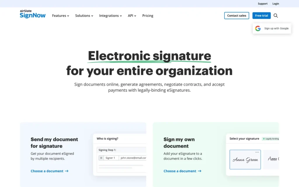 SignNow homepage screenshot