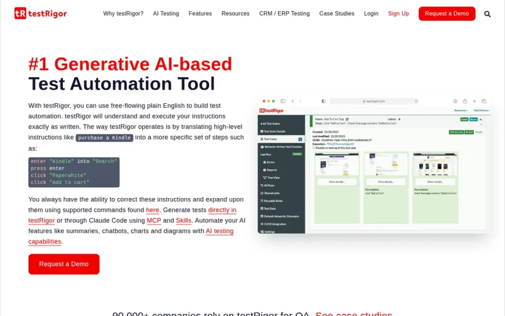 TestRigor homepage screenshot