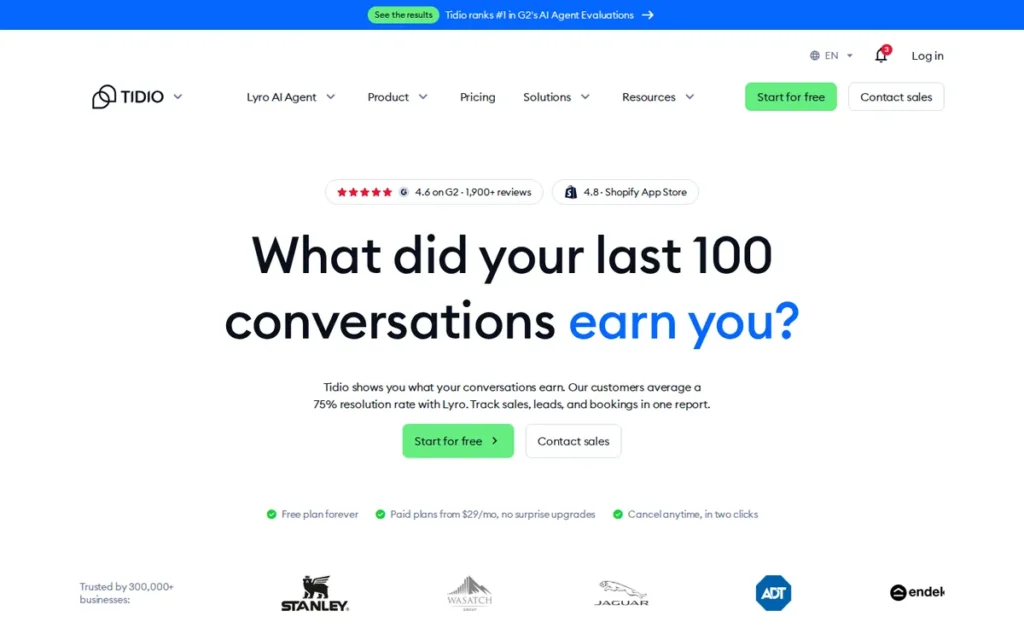Tidio (Lyro AI) homepage screenshot