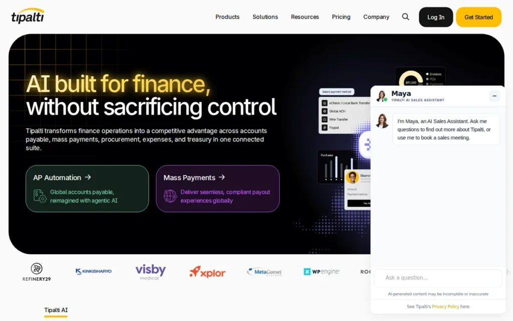Tipalti homepage screenshot