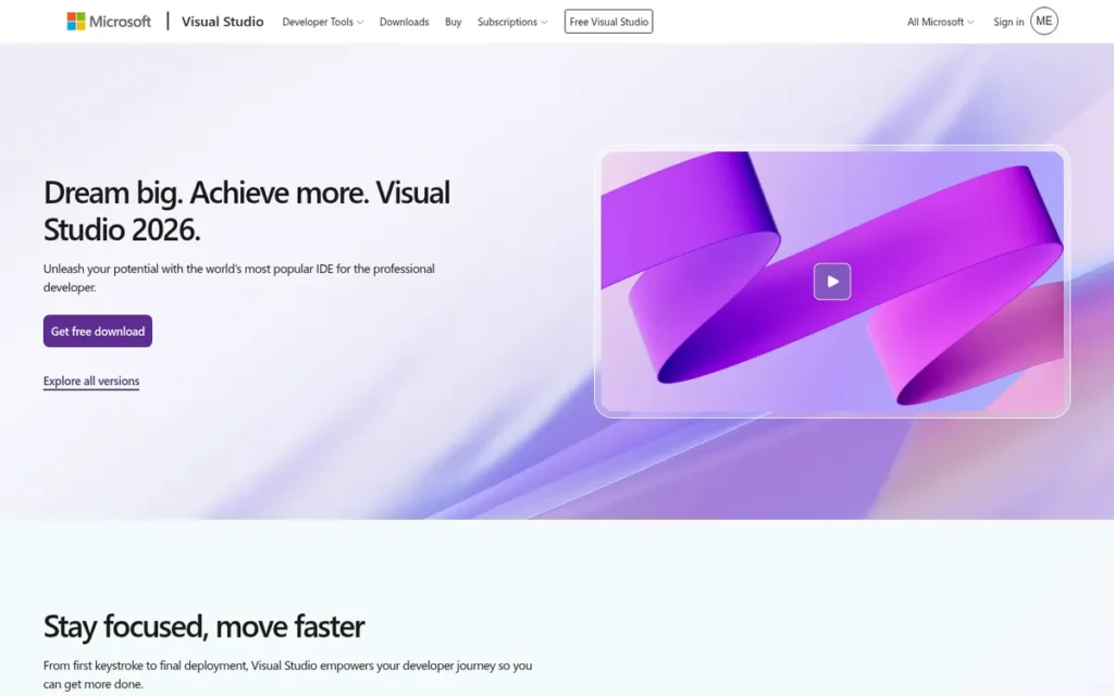 Visual Studio 2022 homepage screenshot