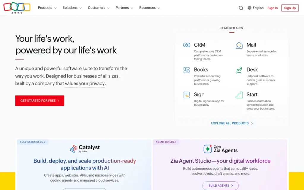 Zoho Analytics homepage screenshot