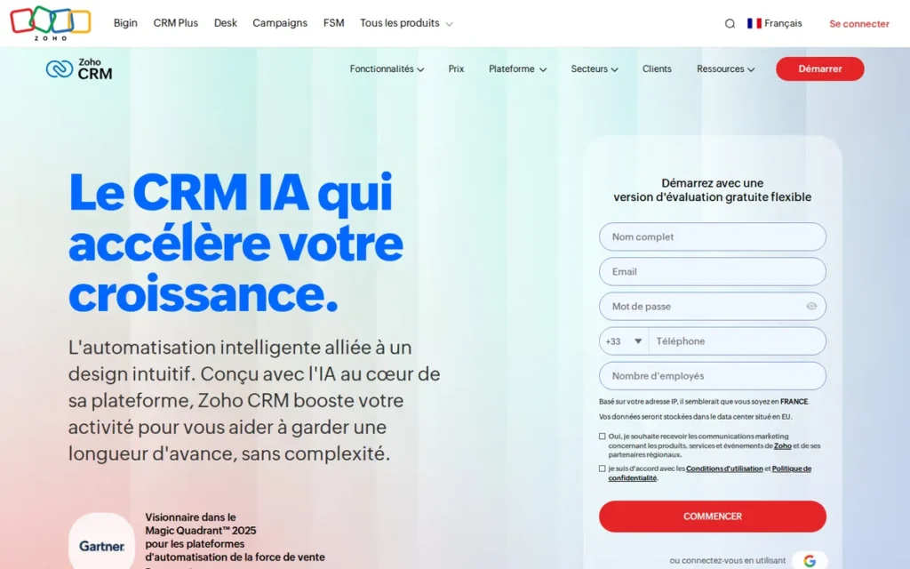 Zoho CRM homepage screenshot